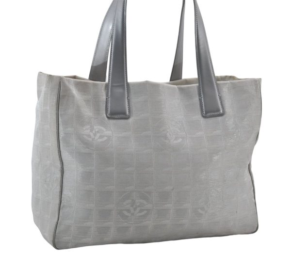 Authentic CHANEL New Travel Line Shoulder Tote Bag Nylon Leather Silver 2962E Online now