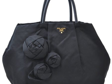 Authentic PRADA Nylon Tessuto Leather Flower Motif Hand Tote Bag Black 7248E Hot on Sale