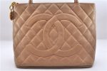 Authentic CHANEL Caviar Skin Medallion Shoulder Tote Bag Beige 7154E on Sale