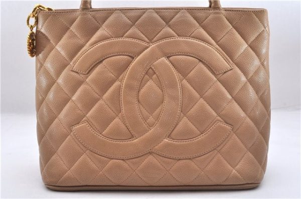 Authentic CHANEL Caviar Skin Medallion Shoulder Tote Bag Beige 7154E on Sale