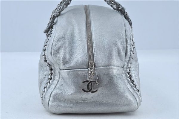 Authentic CHANEL Luxury Calf Skin CC Logo Chain Shoulder Boston Bag Silver J4595 For Cheap