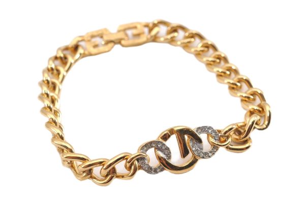 Authentic GIVENCHY Vintage Rhinestone Chain Bracelet Gold Tone 1304G For Sale