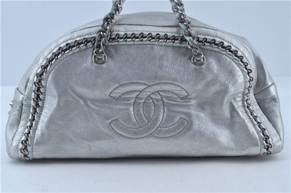 Authentic CHANEL Luxury Calf Skin CC Logo Chain Shoulder Boston Bag Silver J4595 For Cheap