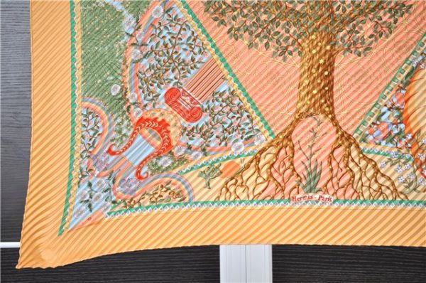 Authentic HERMES Pleats Scarf   Axis Mundi  Silk Orange Box 8903F For Discount