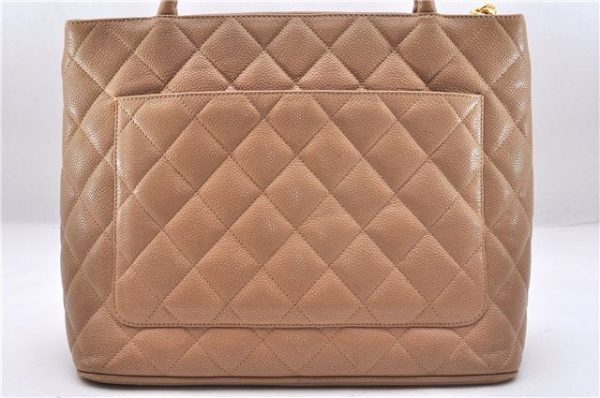 Authentic CHANEL Caviar Skin Medallion Shoulder Tote Bag Beige 7154E on Sale