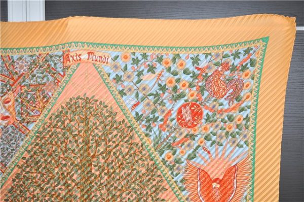 Authentic HERMES Pleats Scarf   Axis Mundi  Silk Orange Box 8903F For Discount