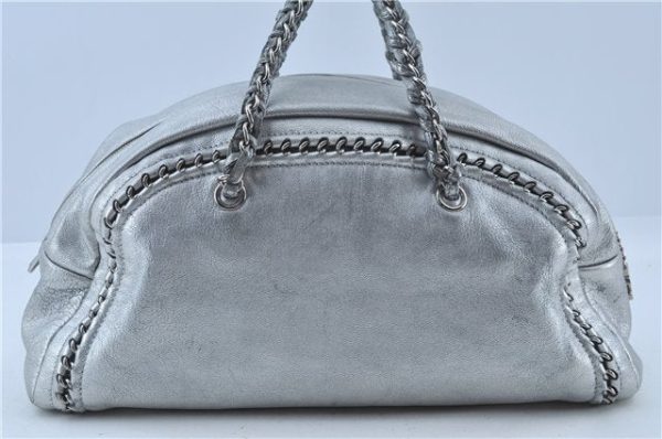 Authentic CHANEL Luxury Calf Skin CC Logo Chain Shoulder Boston Bag Silver J4595 For Cheap