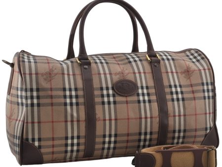 Authentic Burberrys Nova Check PVC Leather 2Way Travel Boston Bag Beige 7168E For Cheap