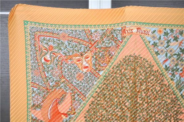 Authentic HERMES Pleats Scarf   Axis Mundi  Silk Orange Box 8903F For Discount