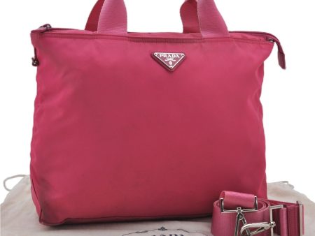 Authentic PRADA Vintage Nylon Tessuto Leather 2Way Shoulder Tote Bag Pink 8781E Fashion