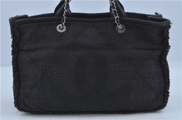 Authentic CHANEL CC Logo Chain Shoulder Tote Bag Canvas Black J4591 Discount