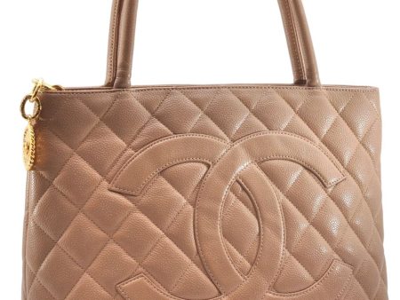 Authentic CHANEL Caviar Skin Medallion Shoulder Tote Bag Beige 7154E on Sale