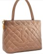 Authentic CHANEL Caviar Skin Medallion Shoulder Tote Bag Beige 7154E on Sale