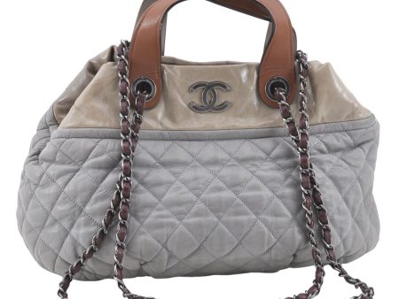 Authentic CHANEL CC Logo Chain Shoulder Hand Tote Bag Leather Gray Brown J2577 For Discount